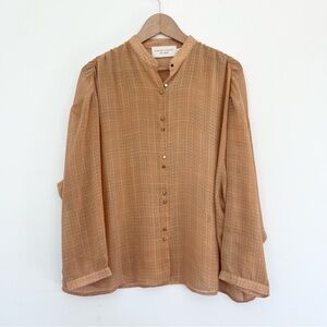 Elizabeth Crosby LA Sheer Geometric Top Peach Orange Blue Button-Up Blouse S